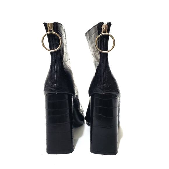 Fashion Nova | Cheryl Patent Leather Textured Reptile Chunky Heel Booties - Picture 4 of 11